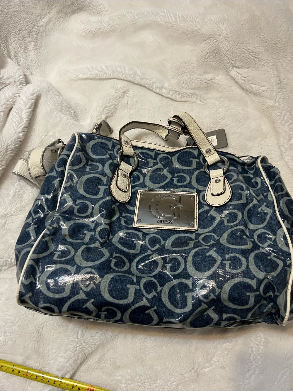 GUESS Vintafe Navy Monogram Tote with White Trim